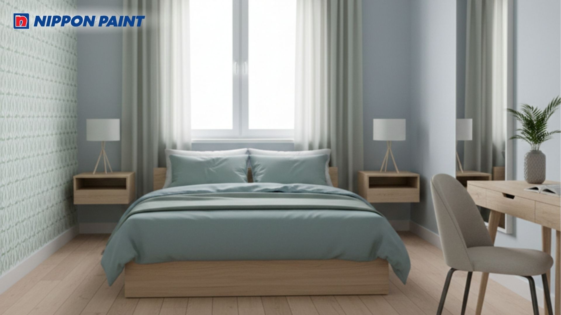 Phòng ngủ màu xanh nước biển nhạt và xanh lục