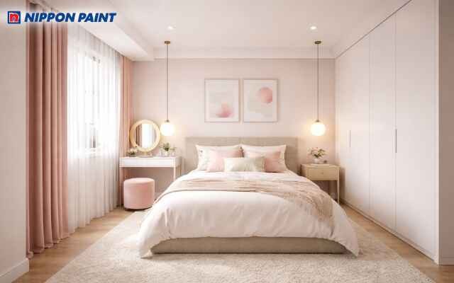 Phòng ngủ nữ Mậu Tý 2008 với sự kết hợp hài hòa giữa hồng nhạt và trắng sữa tạo không gian dịu dàng