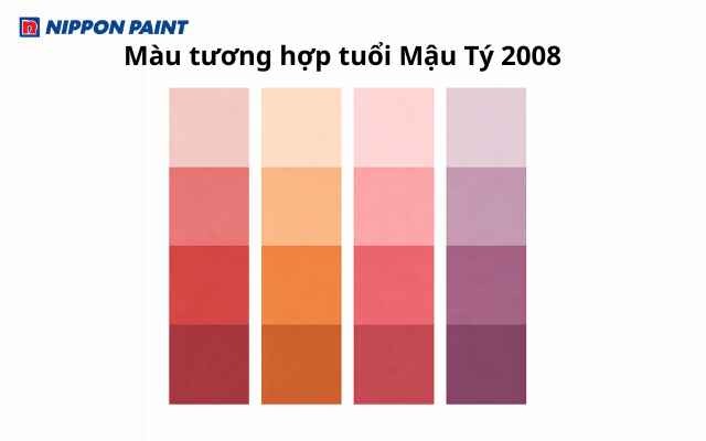 Bảng màu tương hợp cho gia chủ Mậu Tý 2008 bao gồm các tông đỏ, cam, hồng và tím