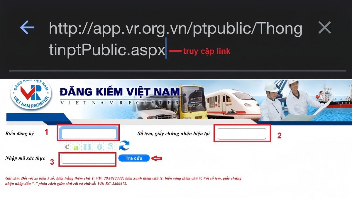 Giao diện website của Cục Đăng kiểm Việt Nam, hướng dẫn tra cứu biển số xe trực tuyến
