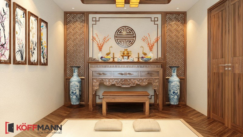 Hình ảnh phòng thờ được thiết kế trang nghiêm, với hướng bàn thờ phù hợp với người tuổi 1979