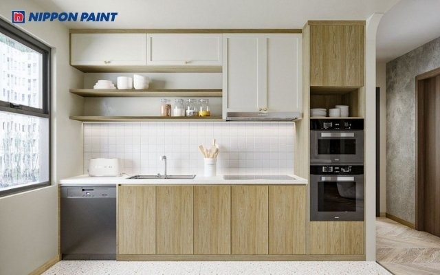 Tủ bếp màu be kết hợp với tường trắng