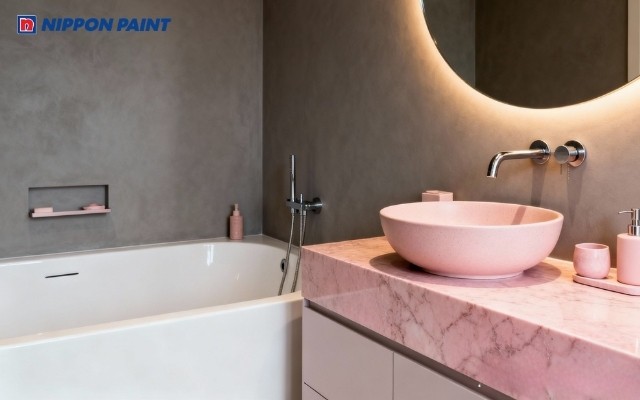 Mẫu phối sơn phòng tắm với tông xám ấm, hồng đất tinh tế, giúp cân bằng năng lượng