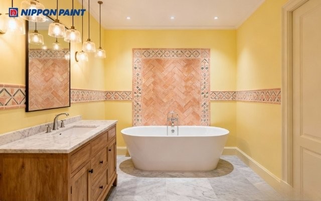 Phòng tắm với gam vàng, be, nâu đất hài hòa, giúp tăng vượng khí