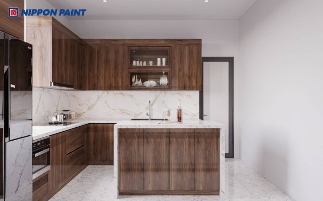 Không gian bếp màu kem kết hợp nâu gỗ, hợp mệnh Thổ tuổi Kỷ Dậu