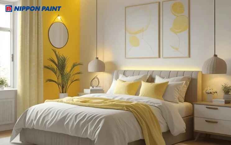 Phòng ngủ với gam màu vàng nhạt trẻ trung